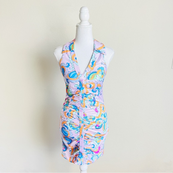 Purple & Orange Multicolor Retro 70s Ruched Button Up Collared Tank Mini Dress - Picture 1 of 5